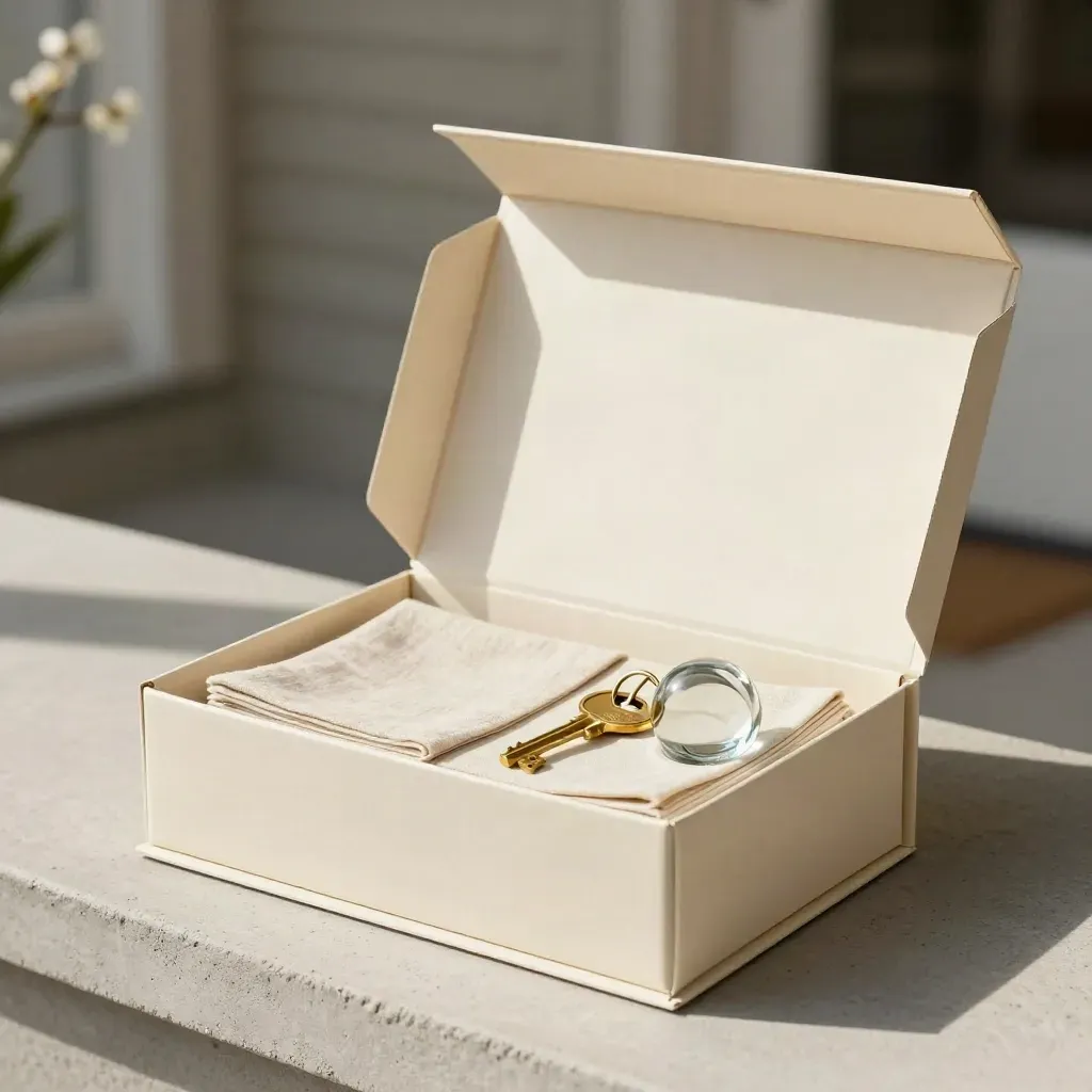 Open cream box with open house kit items on a pale concrete threshold in warm sun