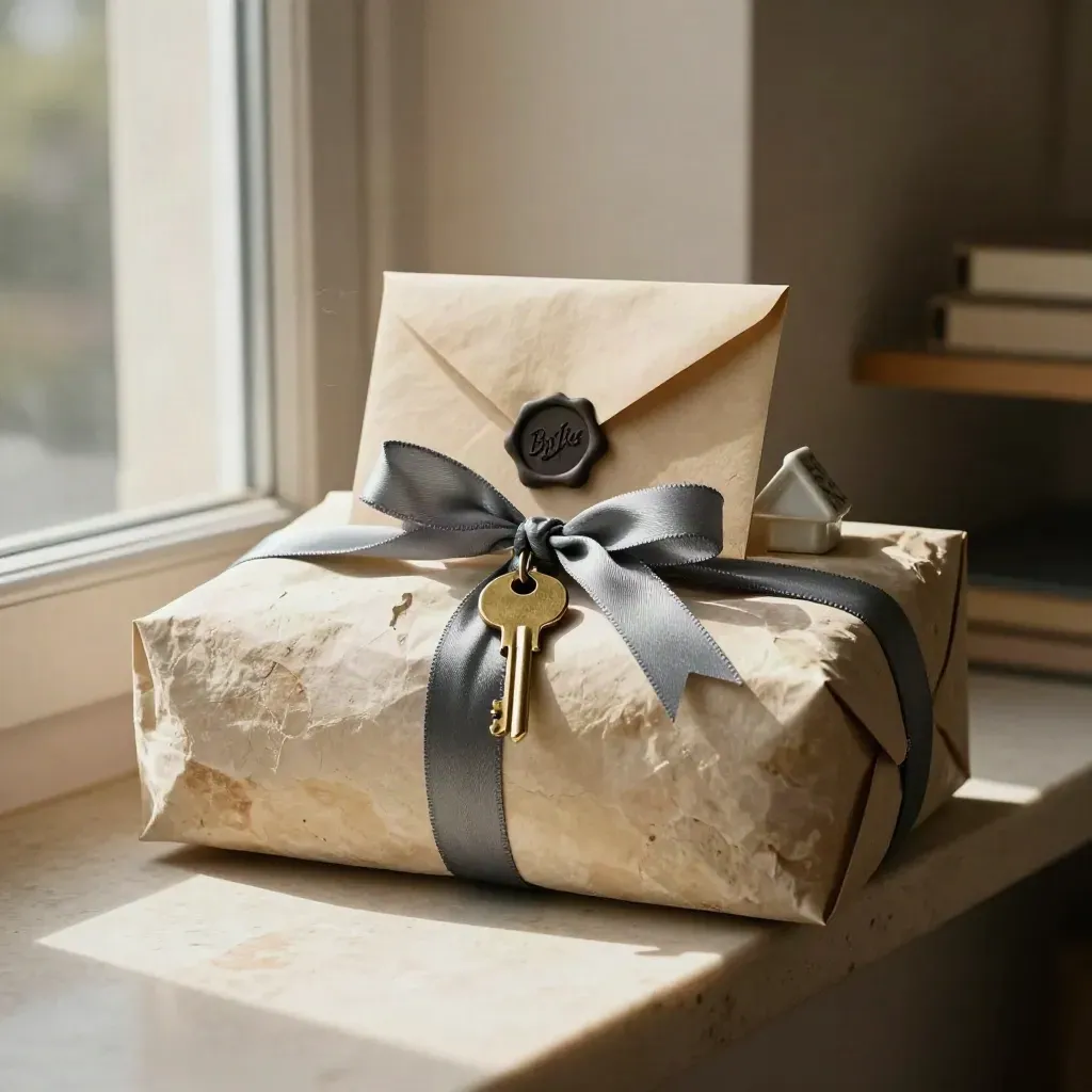 Closing-day parcel with stone wrap, slate ribbon, key, waxed envelope and ceramic roofline.