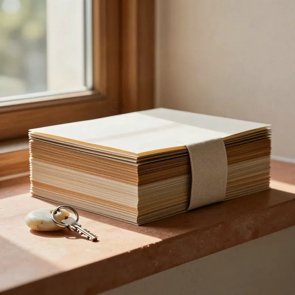 Close-up of an open house pack with oak paper, linen band, key ring and stone paperweight.