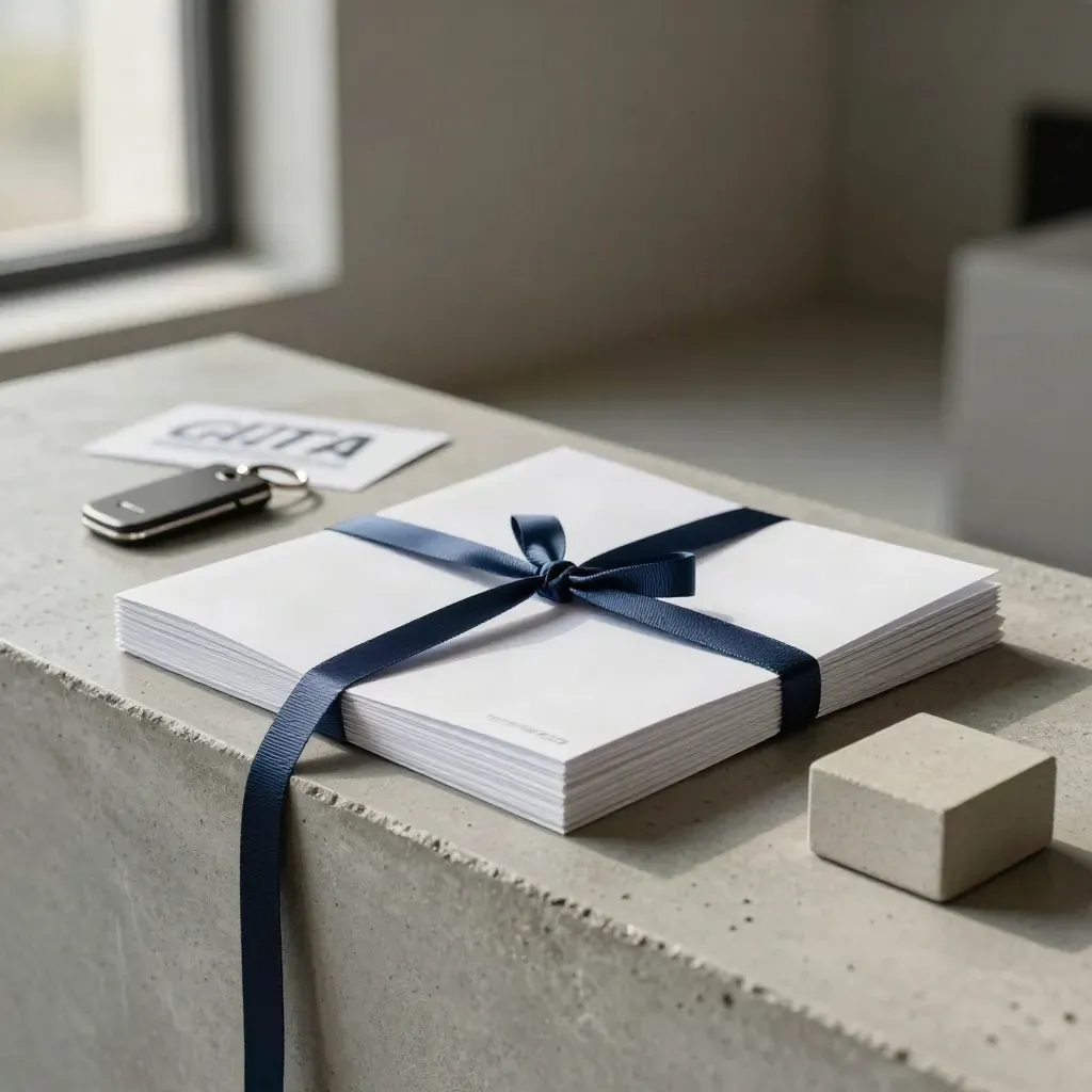 Open condo offer folio with ribbon marker, key fob and concrete paperweight on a pale ledge.