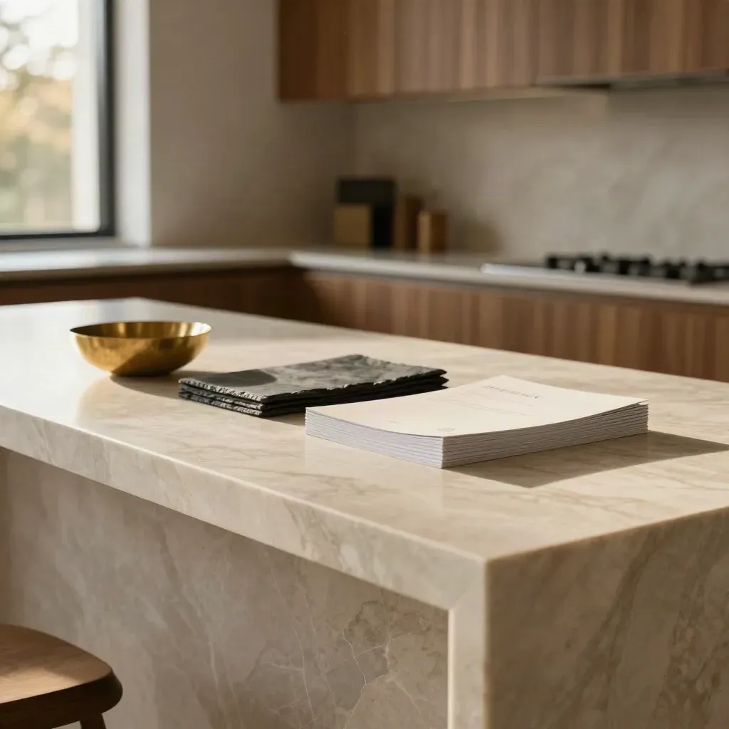 Marble condo kitchen with buyer guide sheets, brass bowl, and blurred oak cabinetry in warm light.